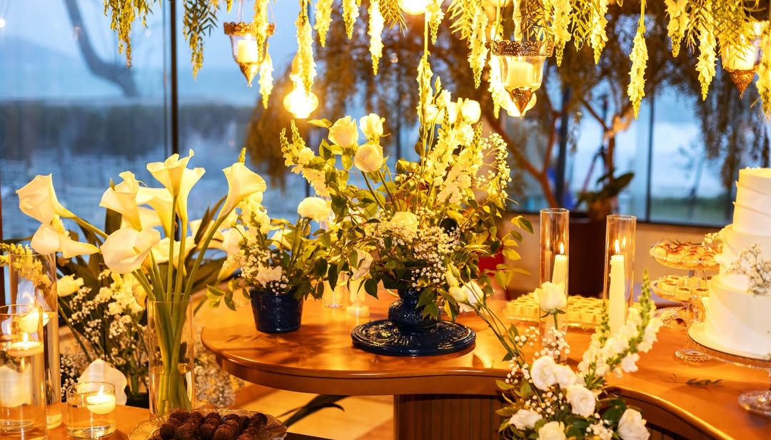Mesa de doces com flores amarelas e velas suspensas à beira-mar